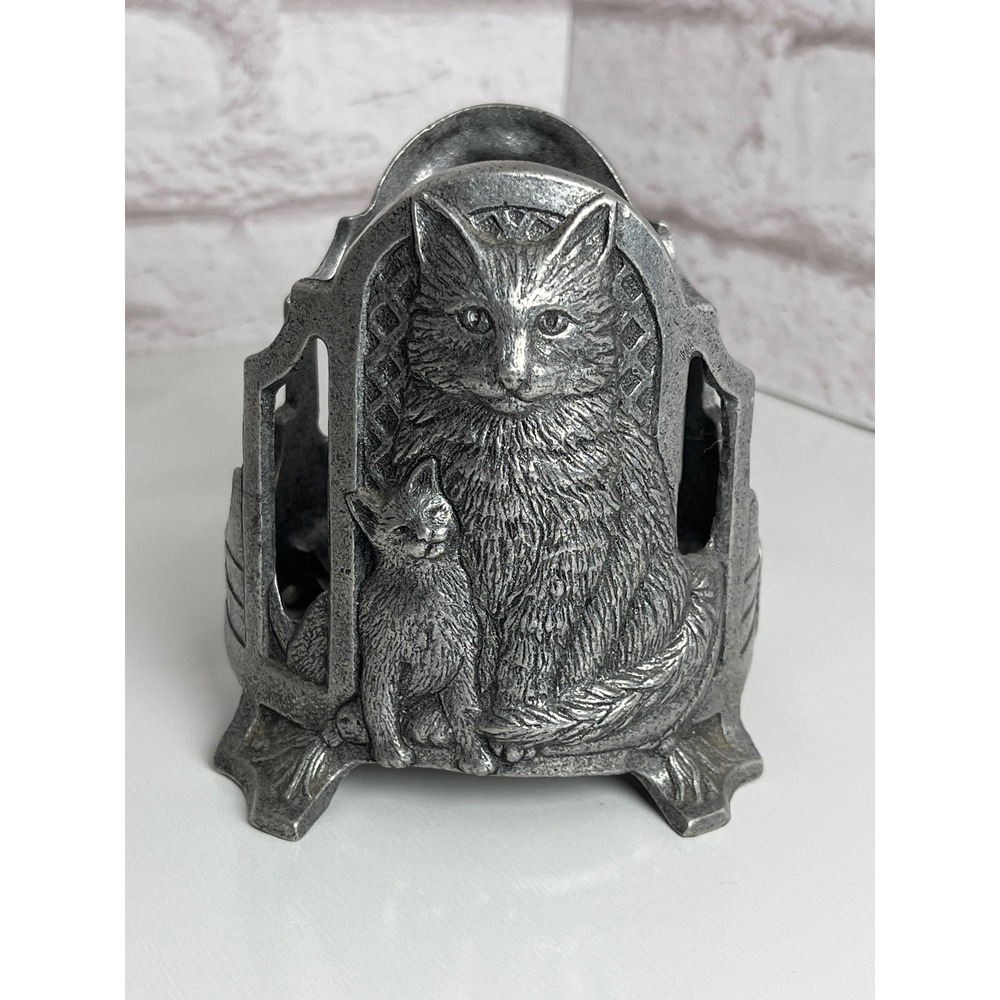 Vintage Carson 1998 Cat and Kitten Metal Large Jar Candle Holder Silver Tone